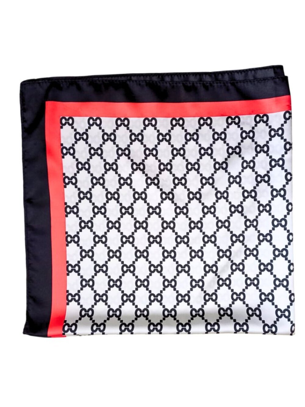 Vintage Geometric Monogram Silk Feel Scarf - Black, White & Red Border Square - Picture 3 of 9